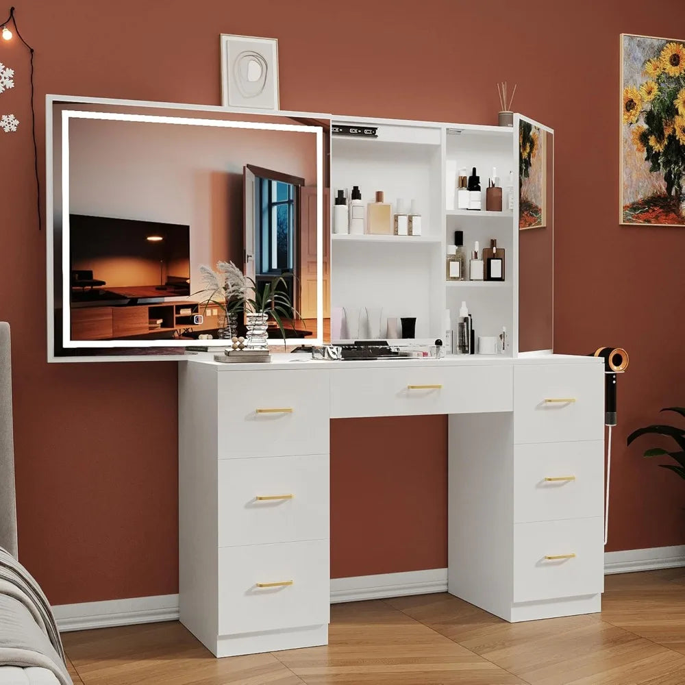 Vanity Desk Lighted Mirror Charging Station Glass Tabletop
