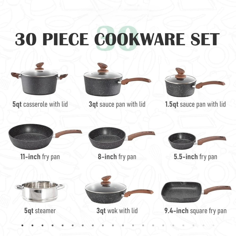 30 Piece Nonstick Granite Coated Cookware Set With Bakeware