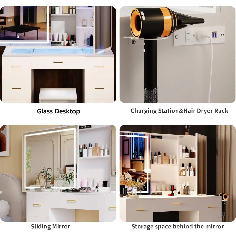 Vanity Desk Lighted Mirror Charging Station Glass Tabletop