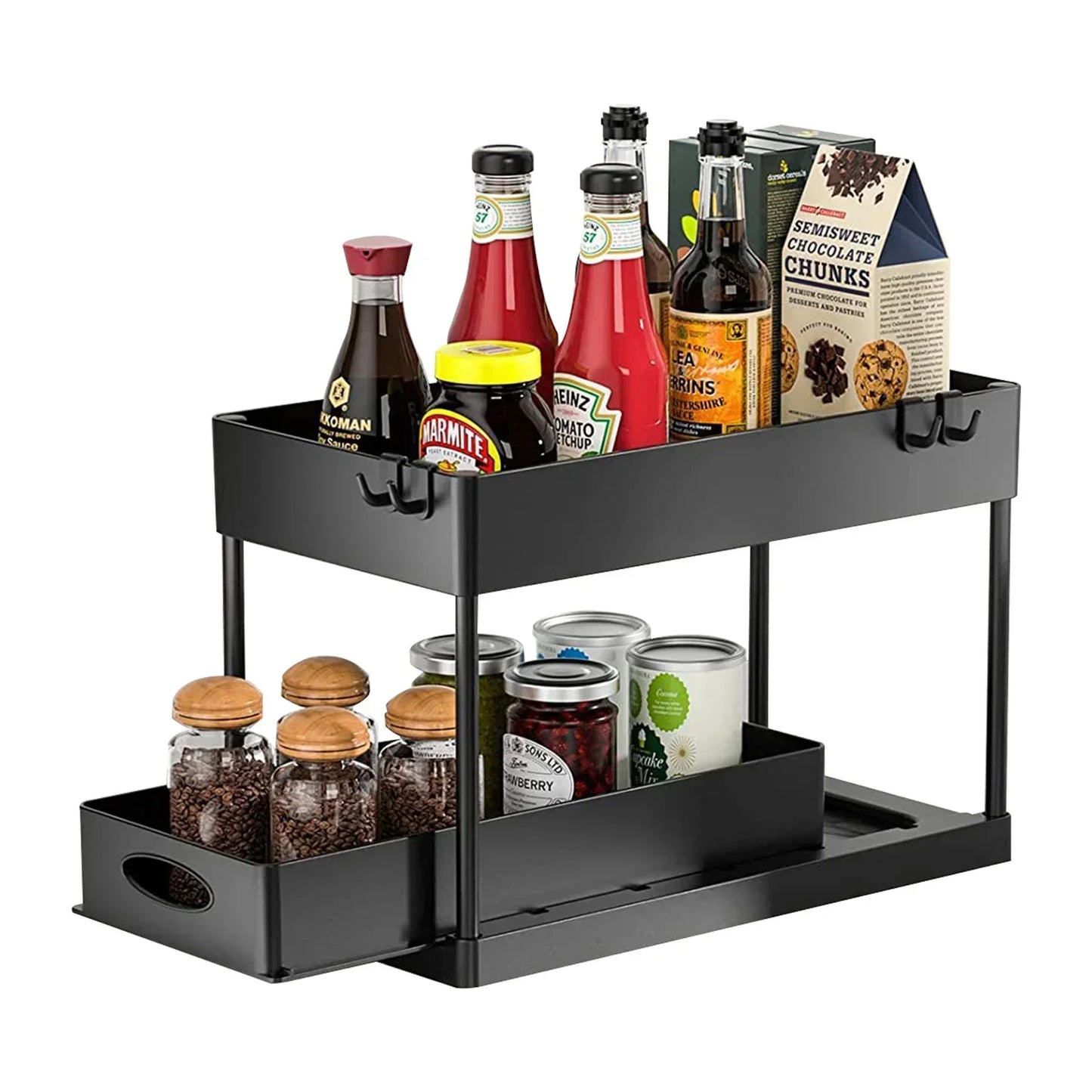 Two Tier Under Sink Organizer With Sliding Basket And Hooks
