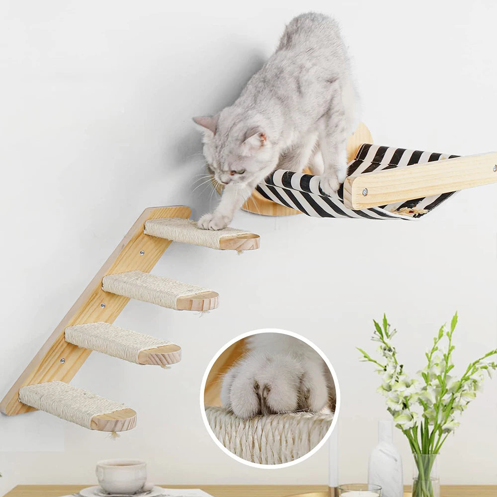 Wooden Wall Mounted Cat Hammock And Scratching Posts