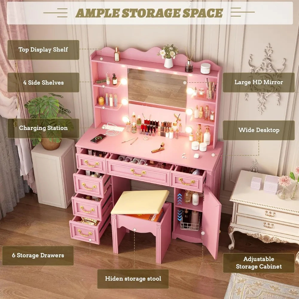 Vanity Desk With Large Mirror And Lights 43.3 6 Drawers