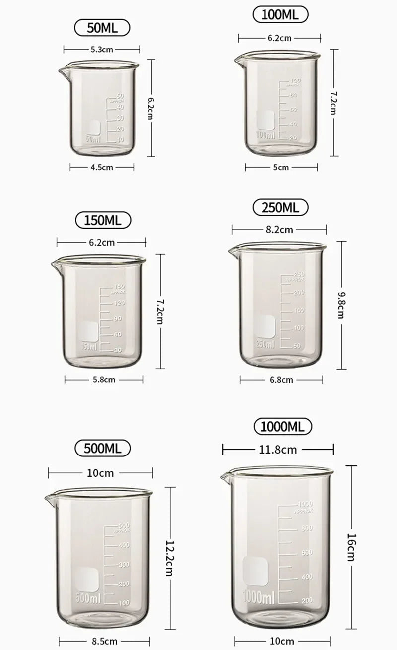 Glass Measuring Cup Set 50 100 150 250 500 1000 Milliliters Heat Resistant High Borosilicate Clear Graduated Beaker