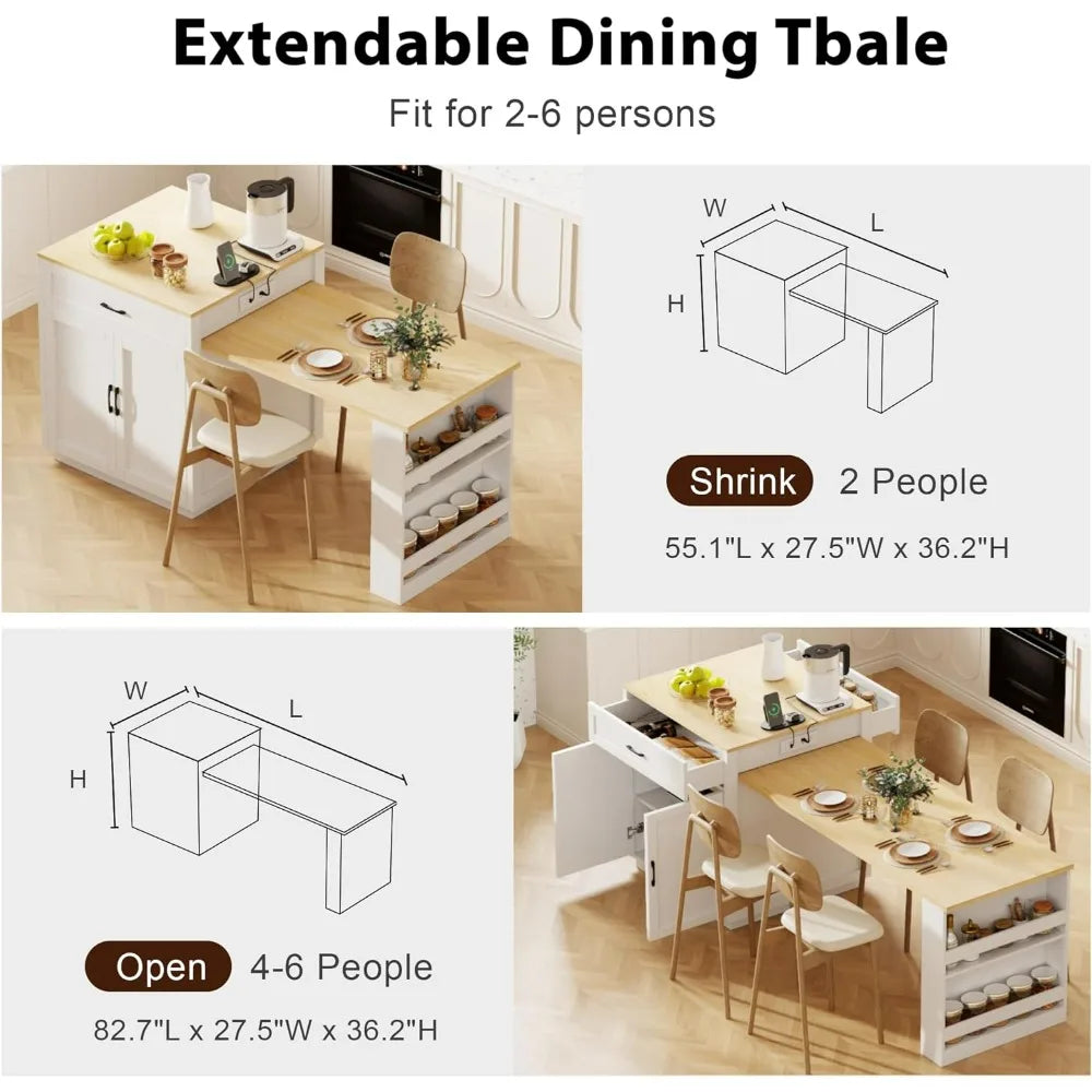 Extendable Kitchen Island With Power Outlet And Storage