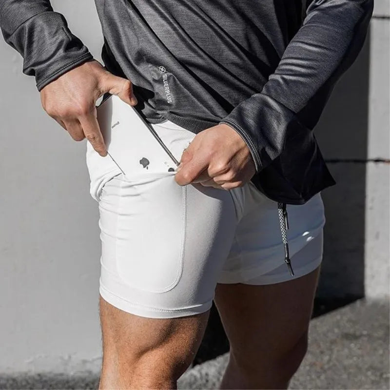 Men Double Layer Fitness Shorts 2 in 1 Quick Dry Training