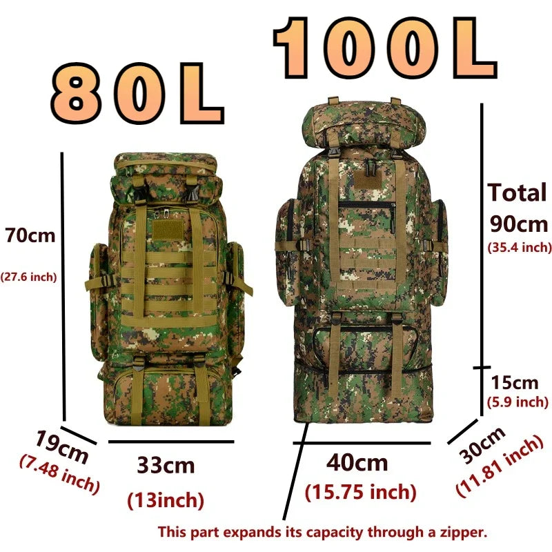 80L To 100L Mountaineering Backpack Climbing Bag Tactical Large Outdoor Hiking Camping Travel