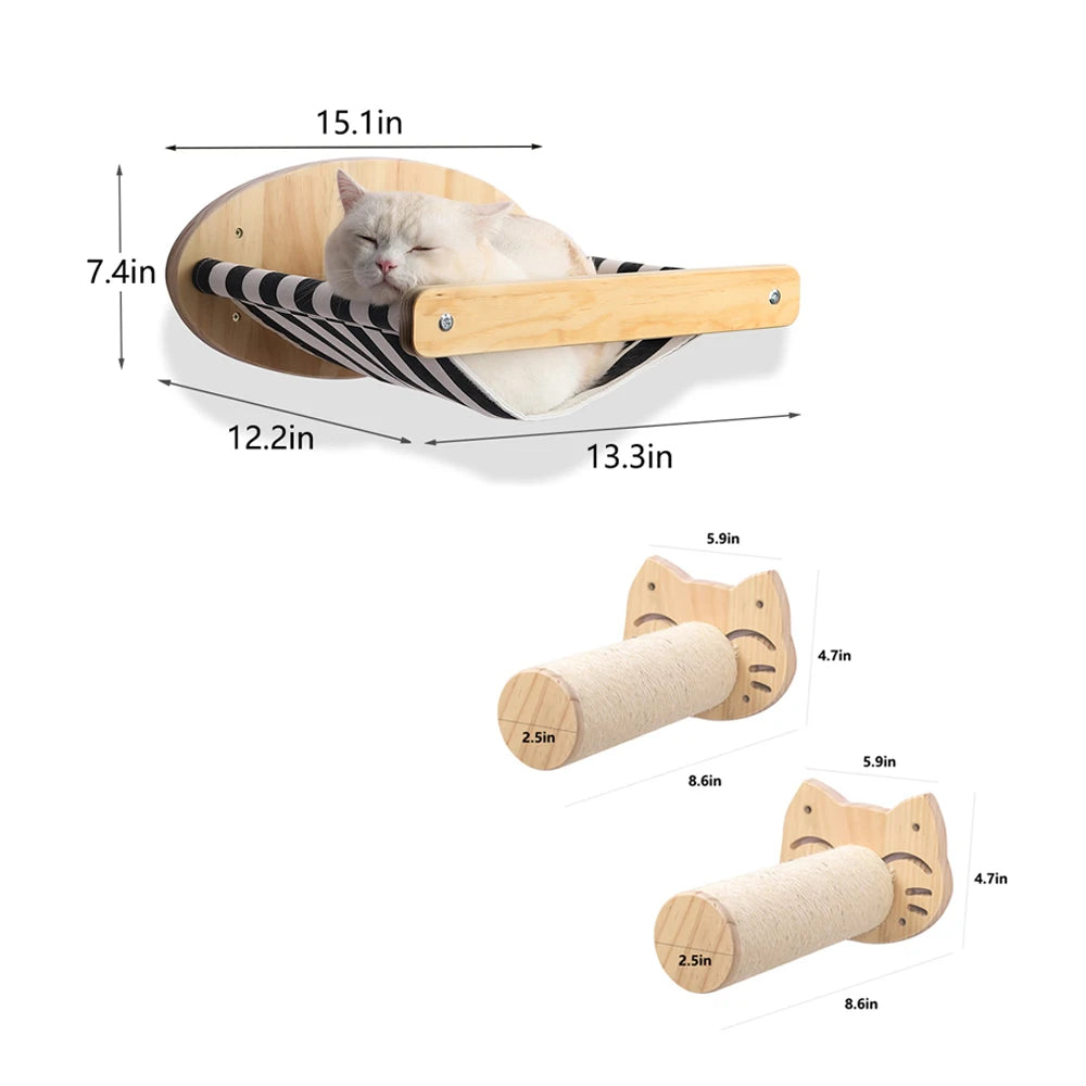 Wooden Wall Mounted Cat Hammock And Scratching Posts