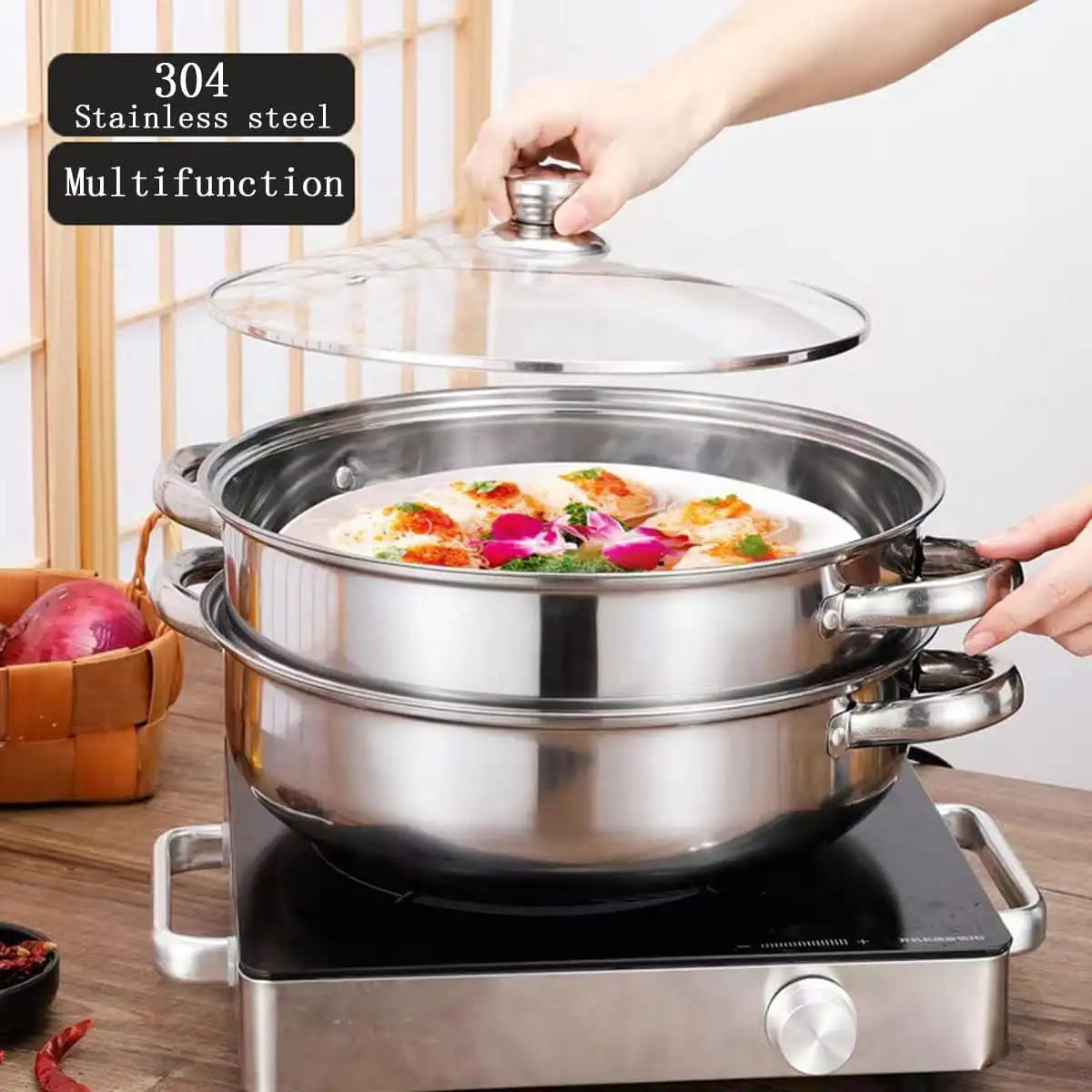 11 Inch Stainless Steel Steamer Pot 3 Tier With Lid