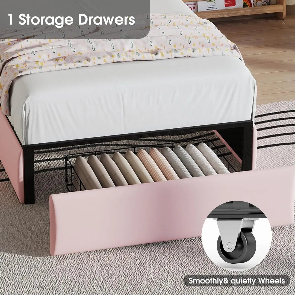 Upholstered LED Bed Frame Petal Headboard Storage Drawer