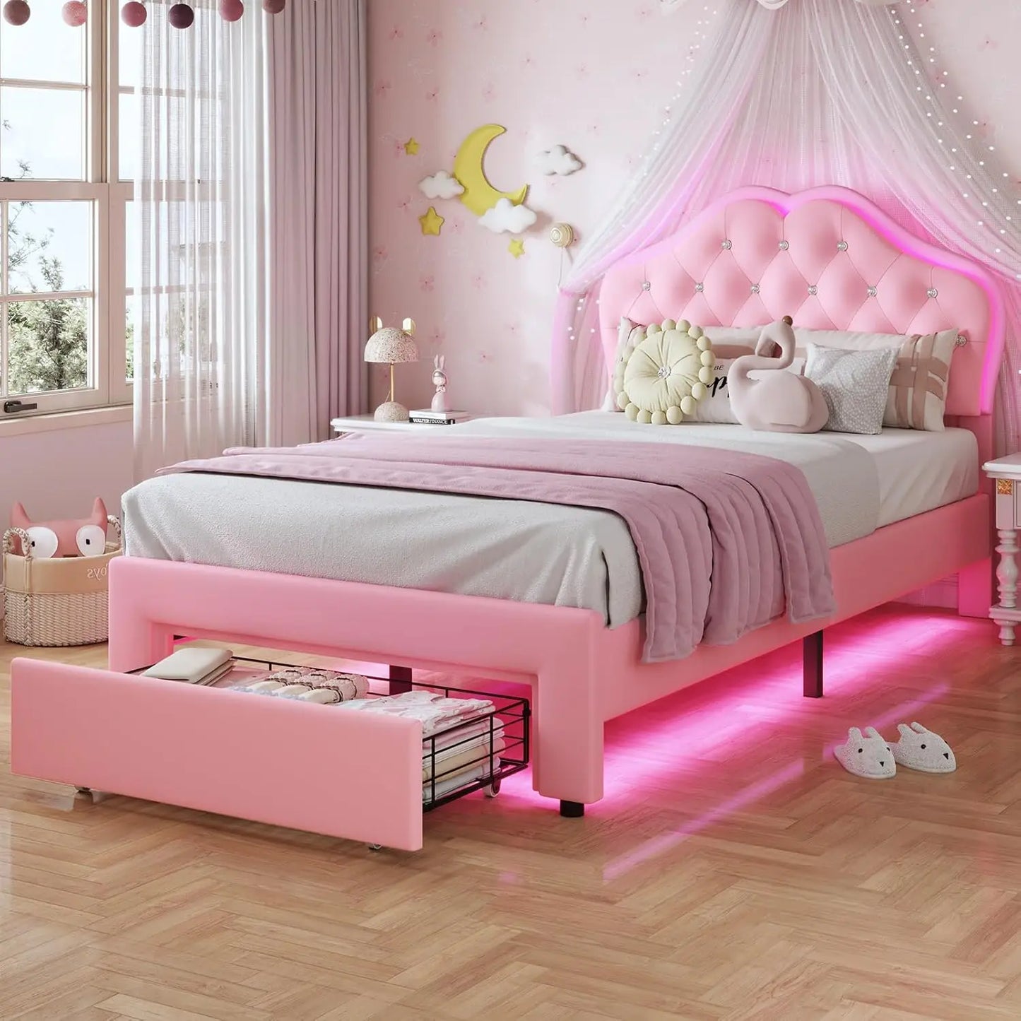 Twin Size Girl Bed Storage Drawers LED Lights Headboard