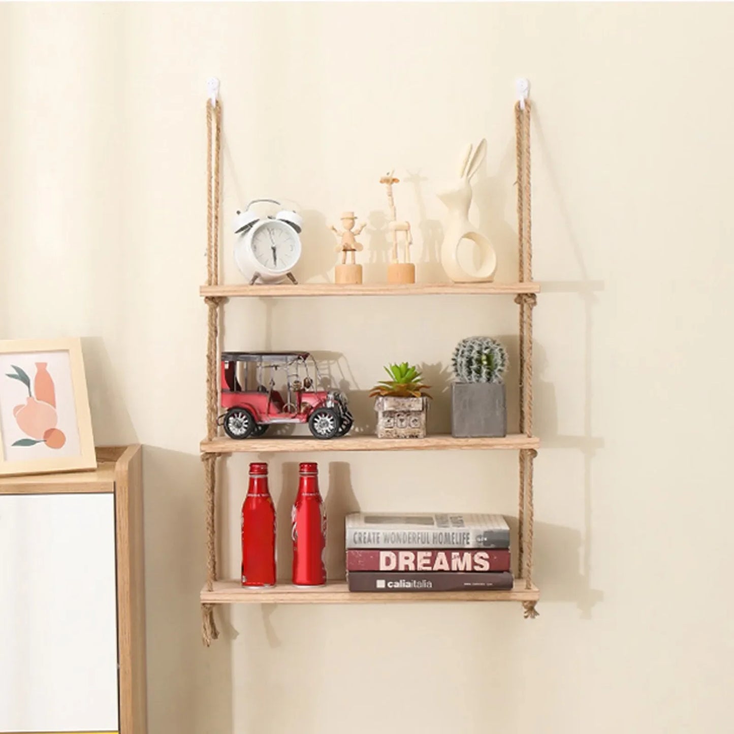 Wooden Floating Shelves For Wall With Hanging Rope Storage