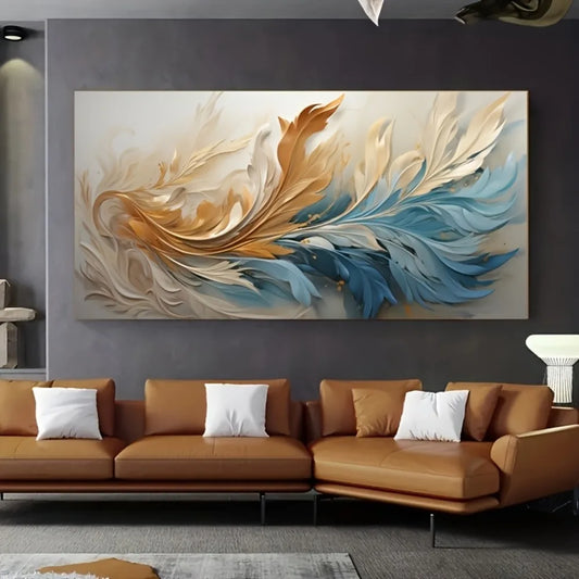 Modern Gold Feather Canvas Art With Pine Wood Frame