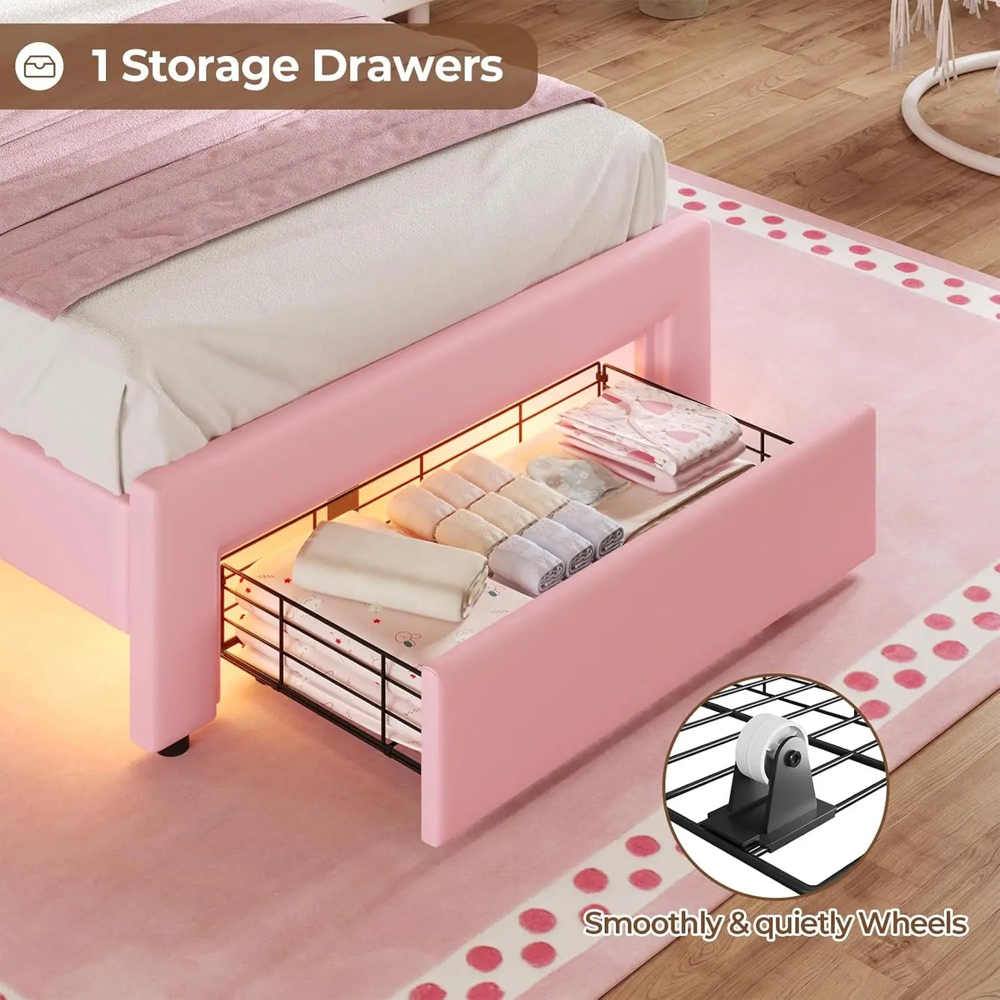 Twin Size Girl Bed Storage Drawers LED Lights Headboard