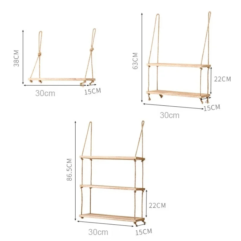 Wooden Floating Shelves For Wall With Hanging Rope Storage
