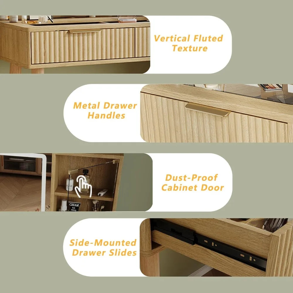 Fluted Vanity Desk 36 in LED Mirror and 47 in Makeup Table