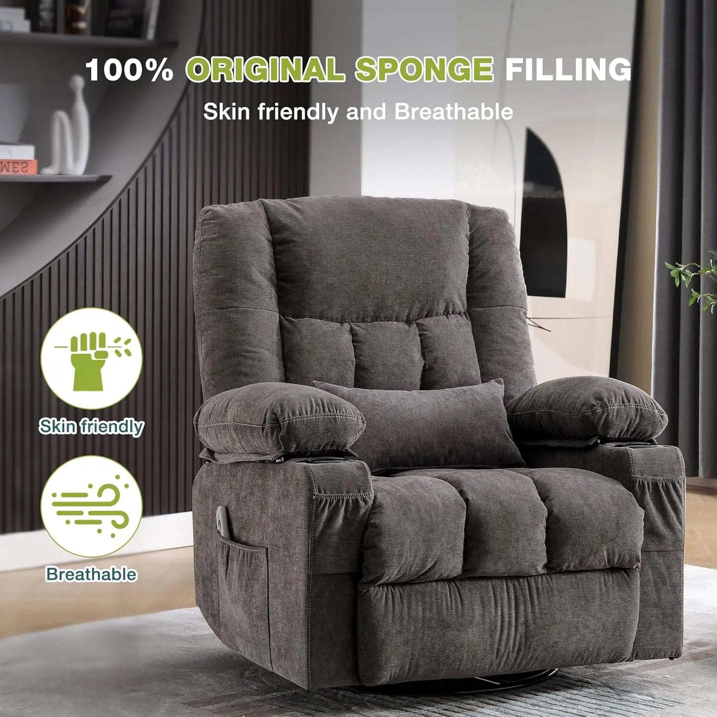 Massage Swivel Recliner Chair Oversized Rocker Recliner with Vibration Massage Lumbar Heat Ergonomic Rocker Chair for Living Room with Side Pocket Two Cup Holders USB Charge Port