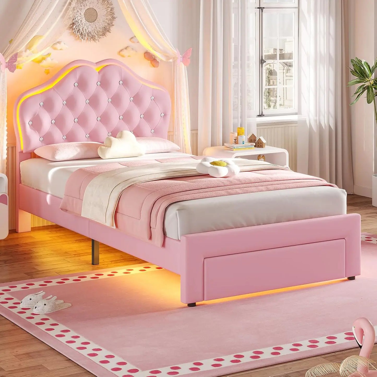 Twin Size Girl Bed Storage Drawers LED Lights Headboard