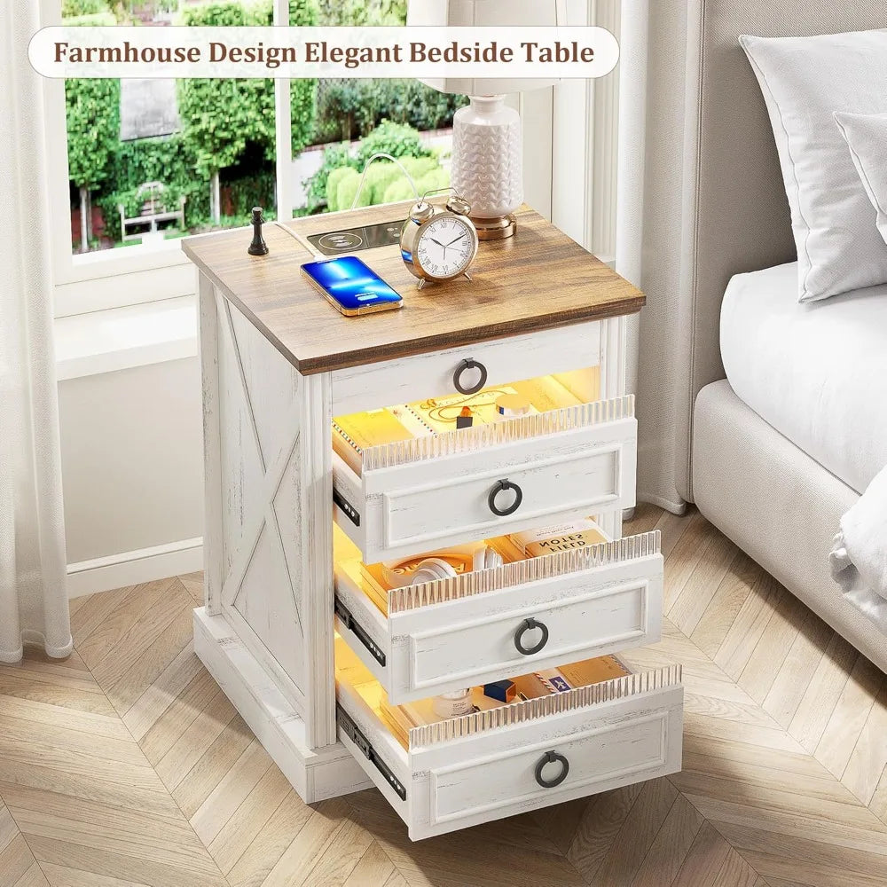 Farmhouse Nightstand With Gun Drawer LED Sensor Light