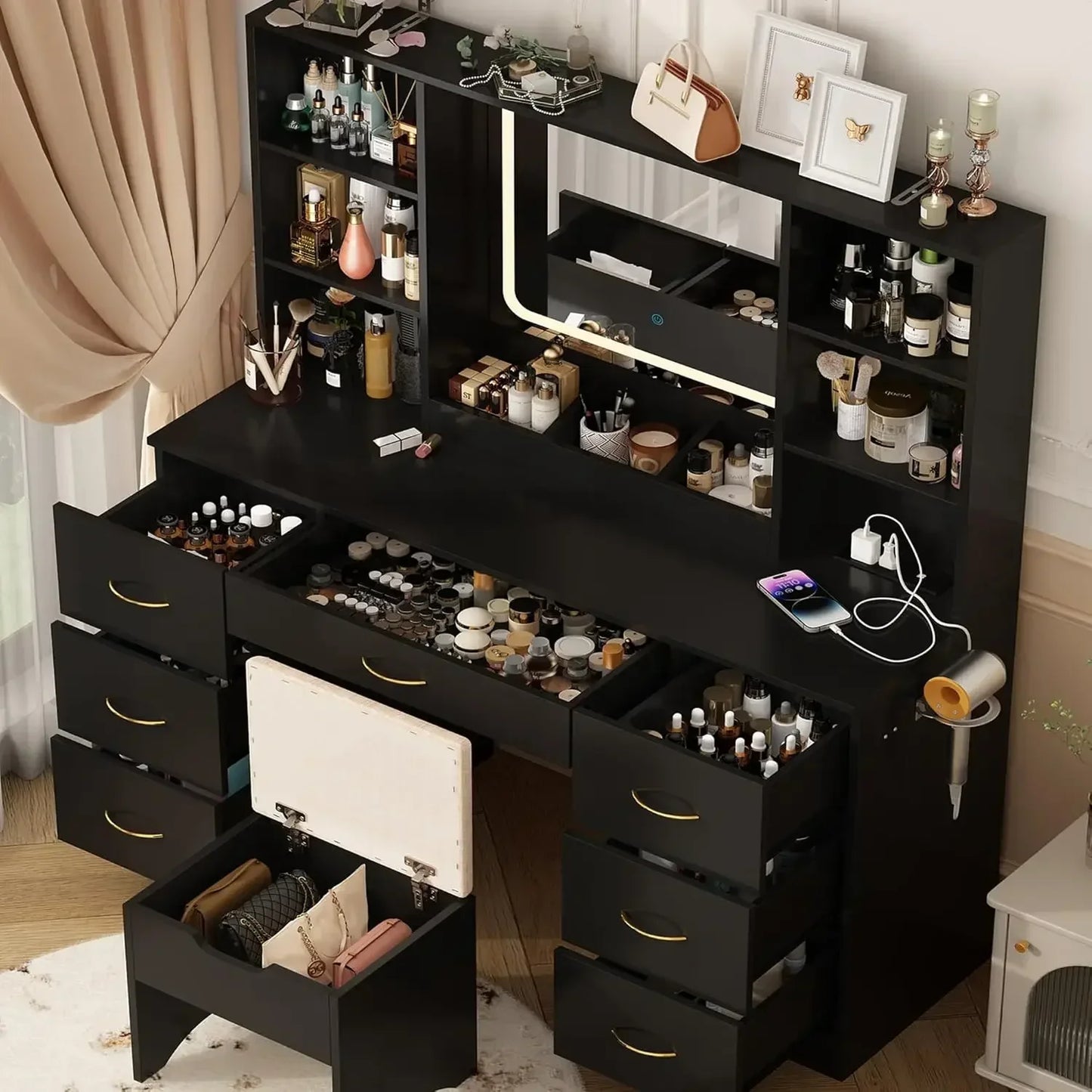 47 Inch Large Vanity Desk With Mirror And LED Lights Black