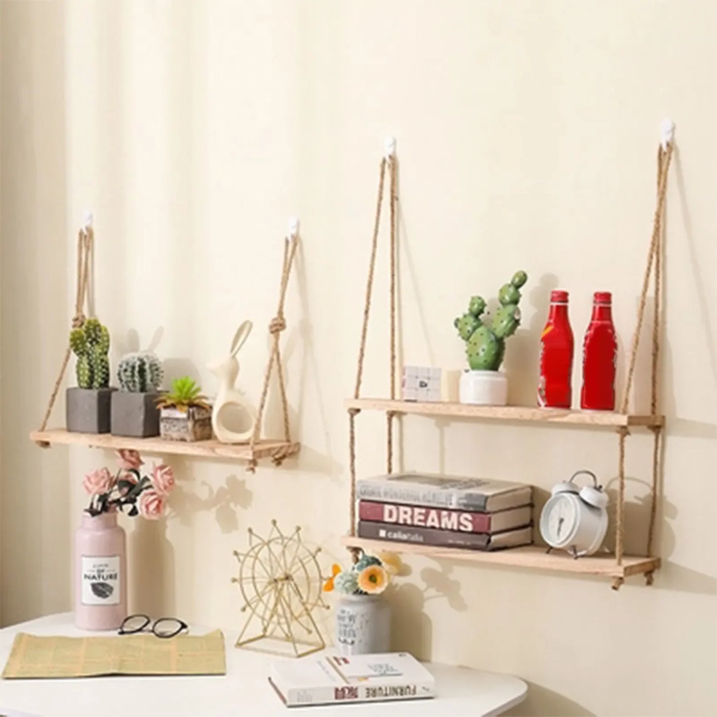 Wooden Floating Shelves For Wall With Hanging Rope Storage