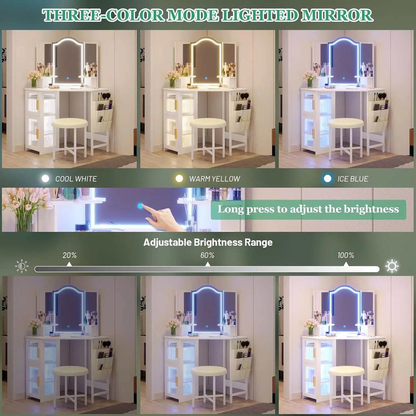 White Vanity Desk With Lighted Mirror And Charging Station
