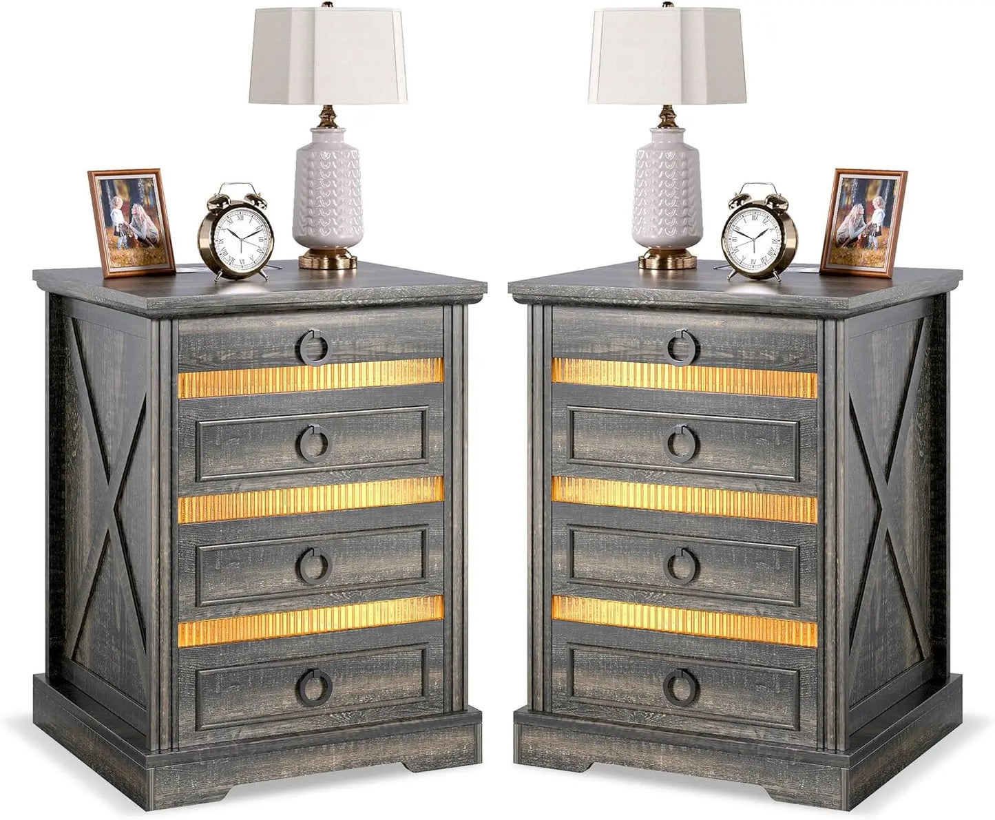 Farmhouse Nightstand With Gun Drawer LED Sensor Light
