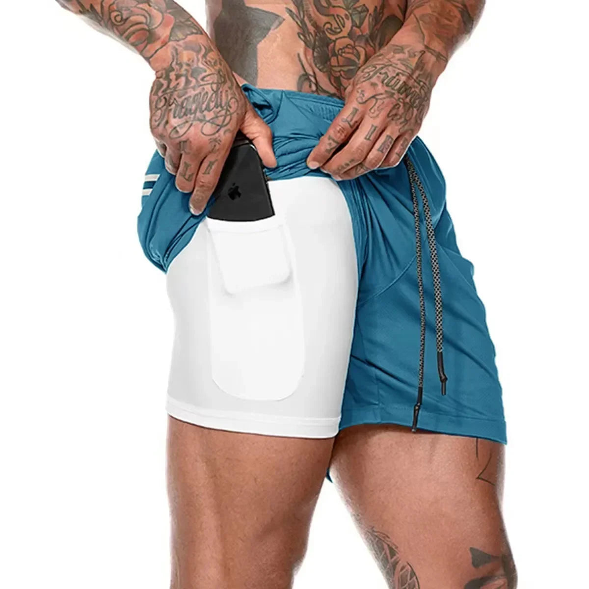 Men Double Layer Fitness Shorts 2 in 1 Quick Dry Training