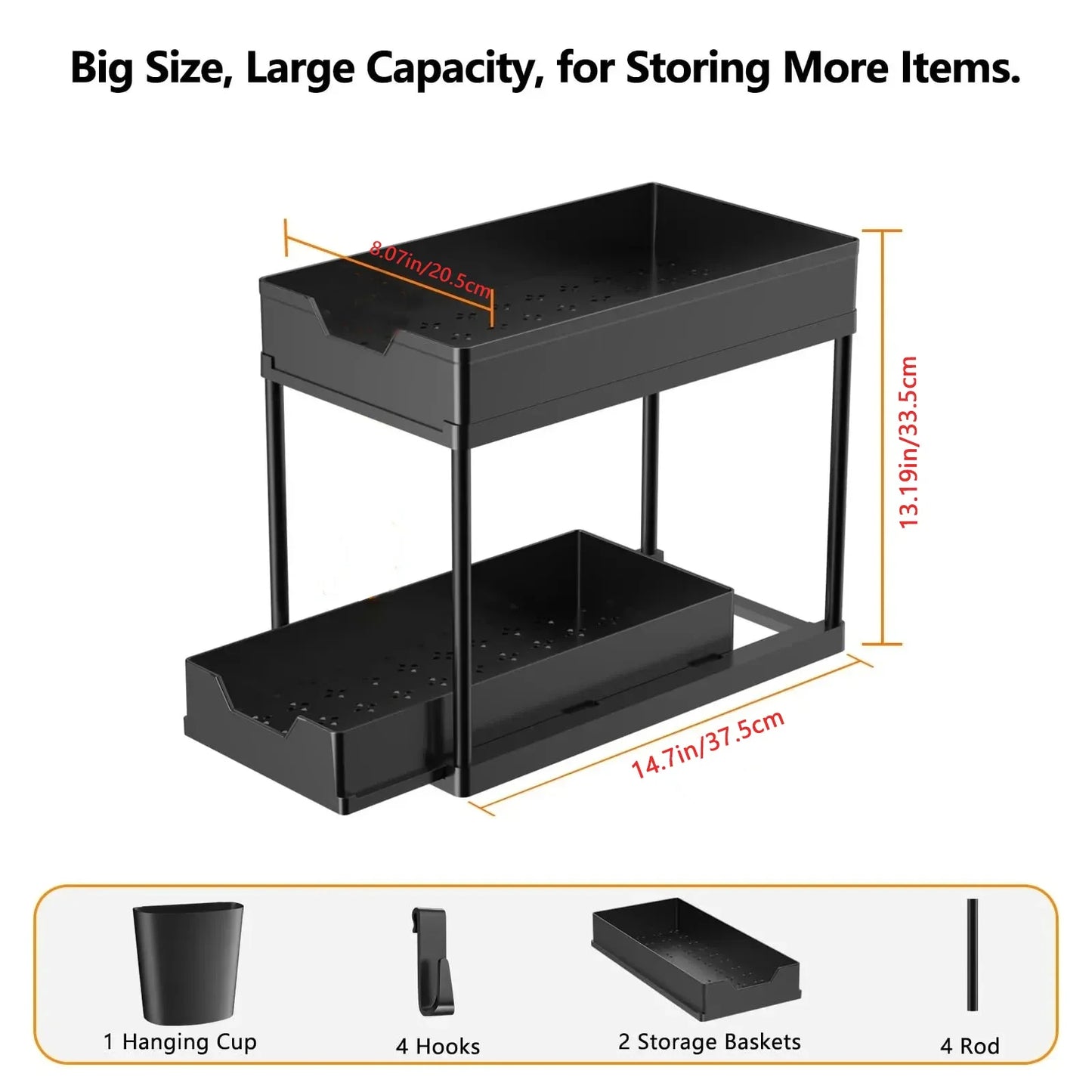 Two Tier Under Sink Organizer With Sliding Basket And Hooks