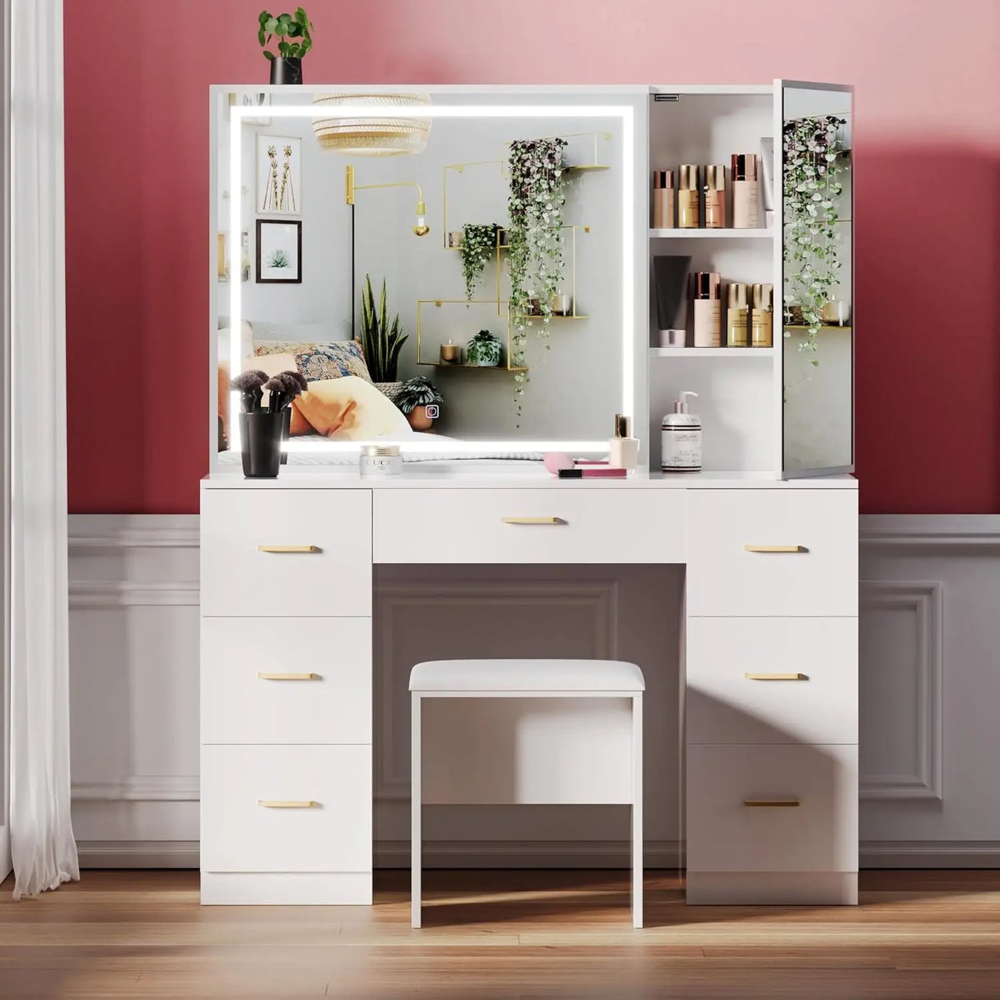 Vanity Desk Lighted Mirror Charging Station Glass Tabletop