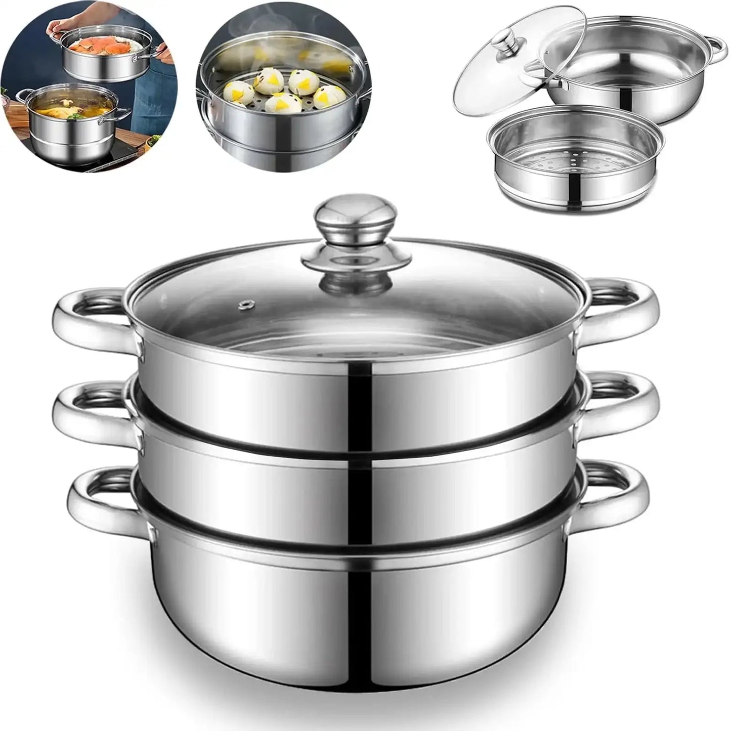 11 Inch Stainless Steel Steamer Pot 3 Tier With Lid