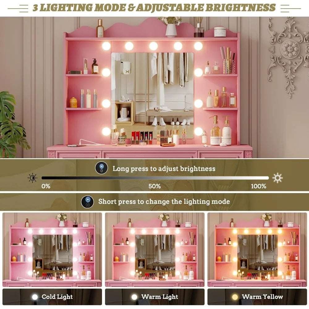 Vanity Desk With Large Mirror And Lights 43.3 6 Drawers