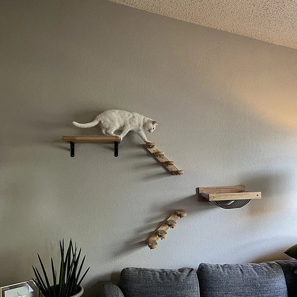 Wooden Wall Mounted Cat Hammock And Scratching Posts