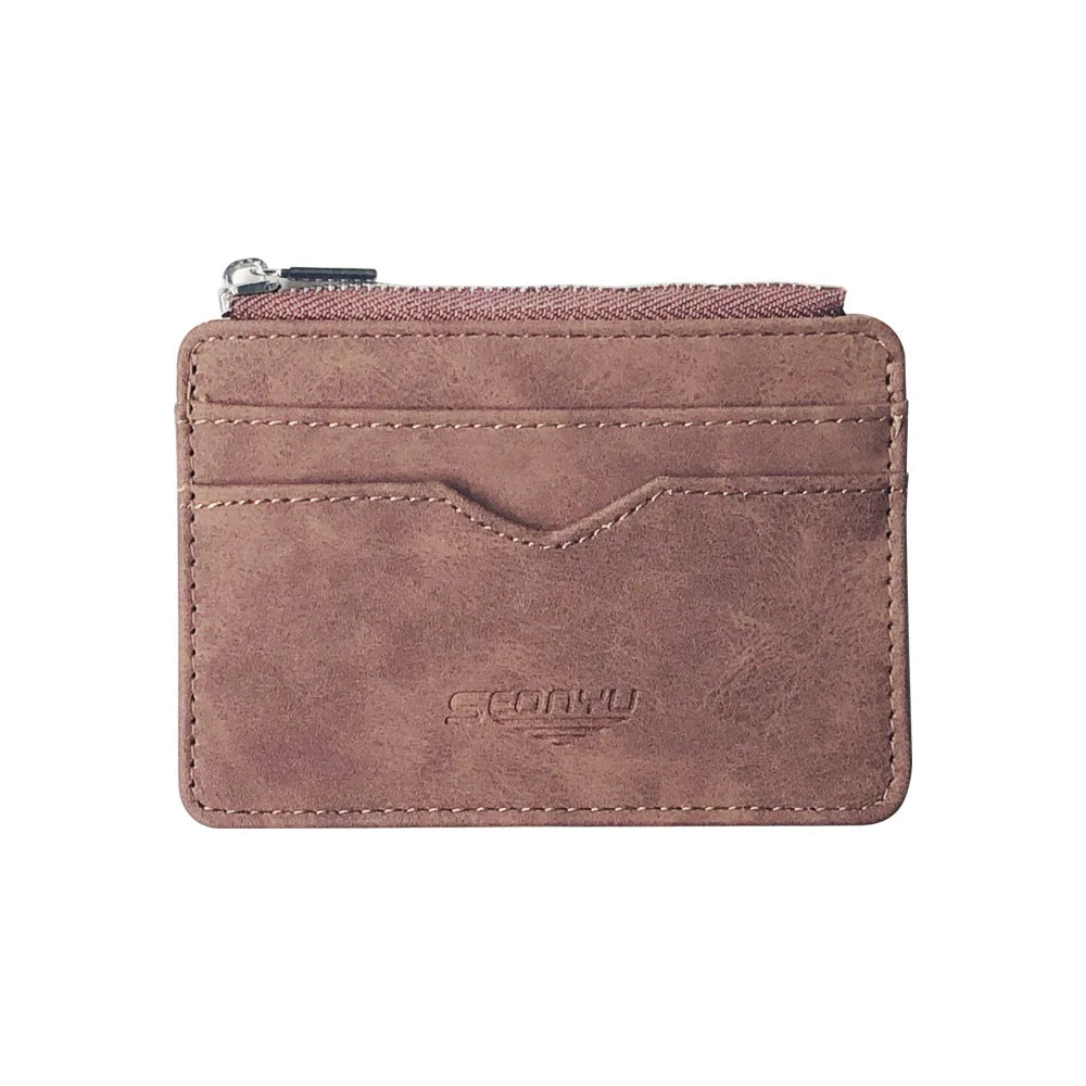 Mens Slim Card Wallet Matte Leather Retro Style Multi Card Holder Frosted Fabric Finish Transparent Coin Pocket