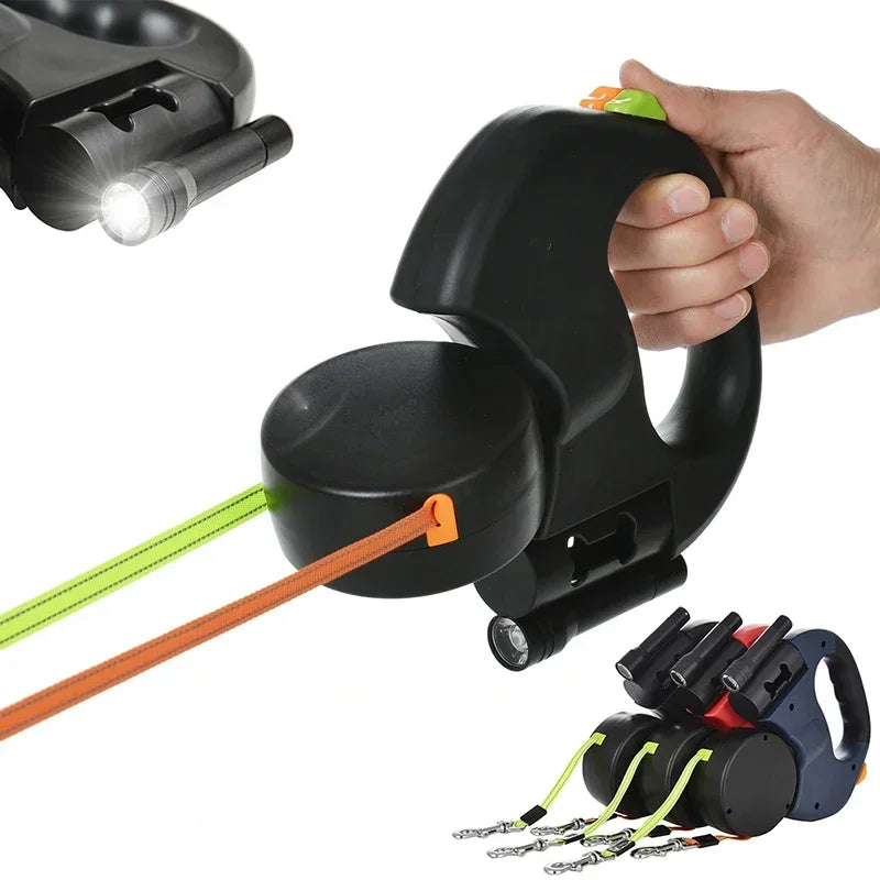 Retractable Dual Dog Leash LED Light No Tangle 360 Swivel