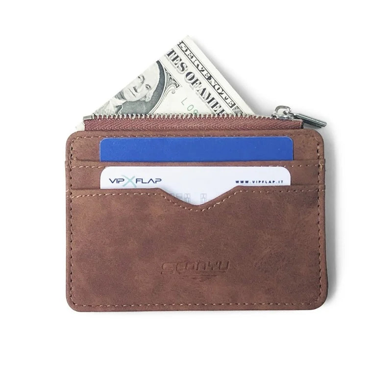 Mens Slim Card Wallet Matte Leather Retro Style Multi Card Holder Frosted Fabric Finish Transparent Coin Pocket