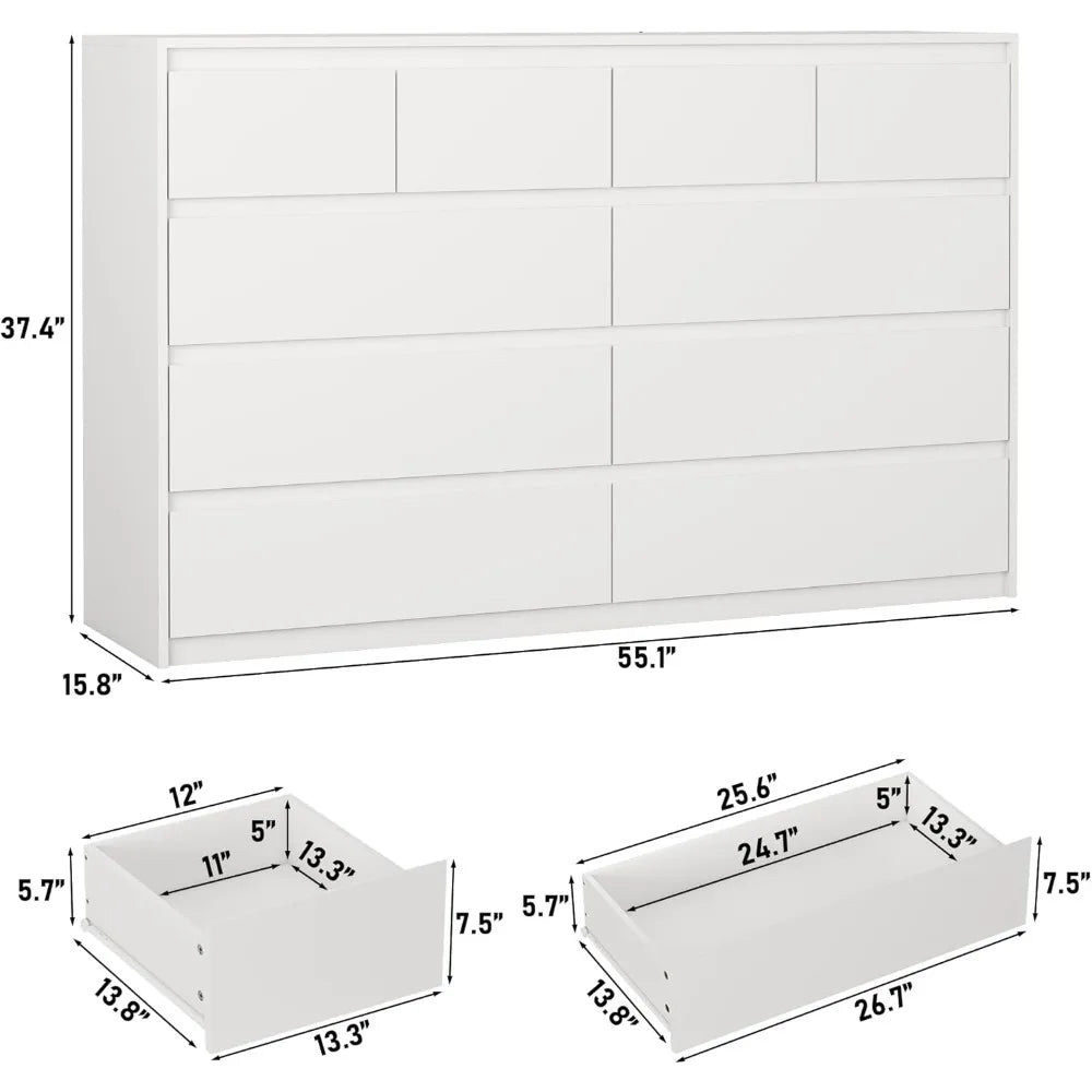 White Malm Dresser 55 Wide 10 Drawers Modern Wood Chest