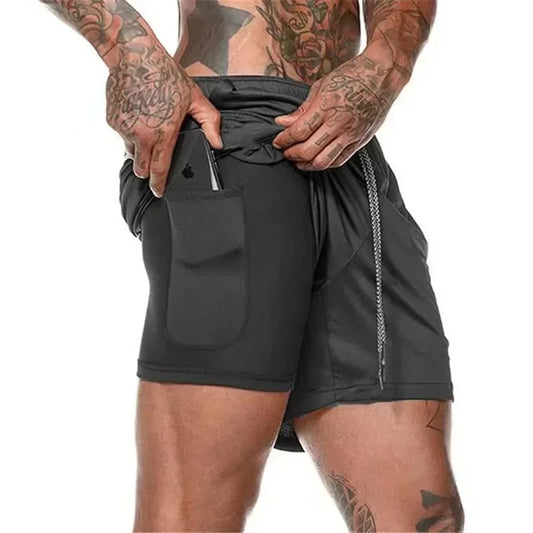 Men Double Layer Fitness Shorts 2 in 1 Quick Dry Training
