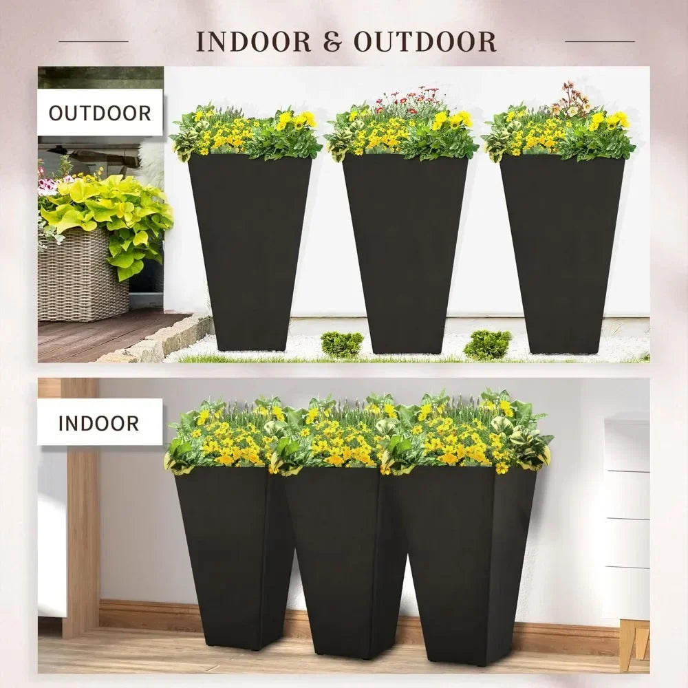 Set Of 3 Tall Planters With Drainage Holes Outdoor 28 Inch