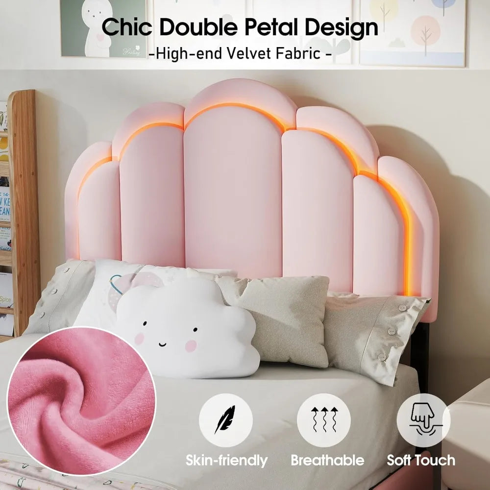 Upholstered LED Bed Frame Petal Headboard Storage Drawer
