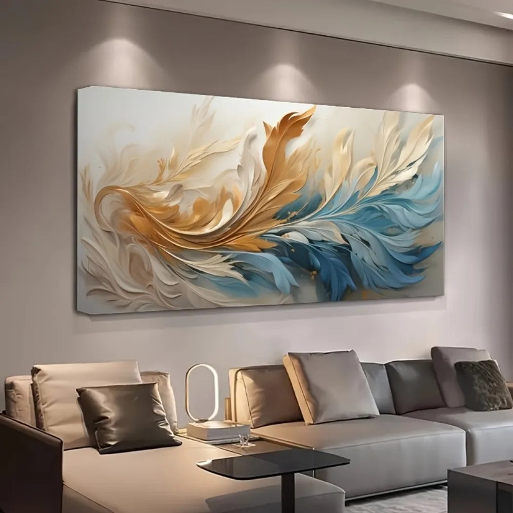 Modern Gold Feather Canvas Art With Pine Wood Frame