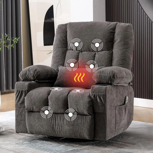 Massage Swivel Recliner Chair Oversized Rocker Recliner with Vibration Massage Lumbar Heat Ergonomic Rocker Chair for Living Room with Side Pocket Two Cup Holders USB Charge Port