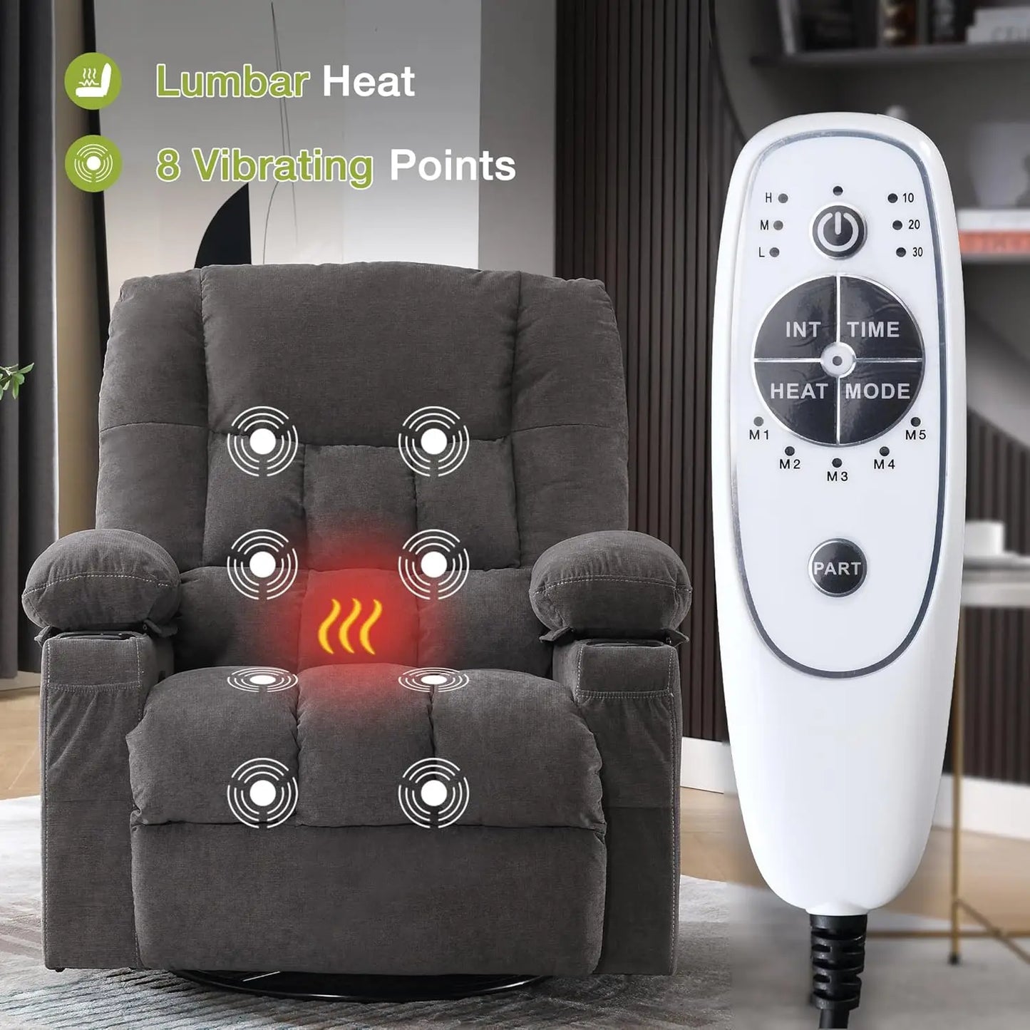 Massage Swivel Recliner Chair Oversized Rocker Recliner with Vibration Massage Lumbar Heat Ergonomic Rocker Chair for Living Room with Side Pocket Two Cup Holders USB Charge Port