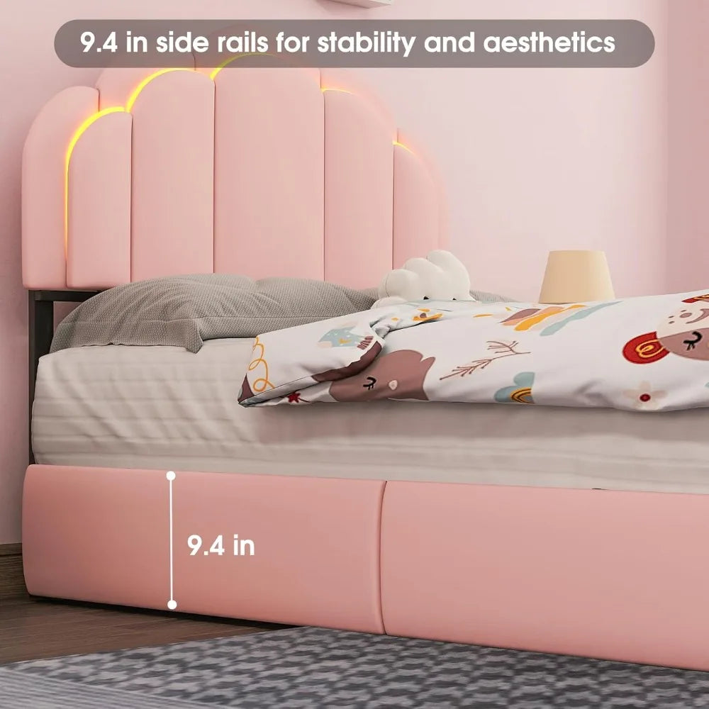 Upholstered LED Bed Frame Petal Headboard Storage Drawer