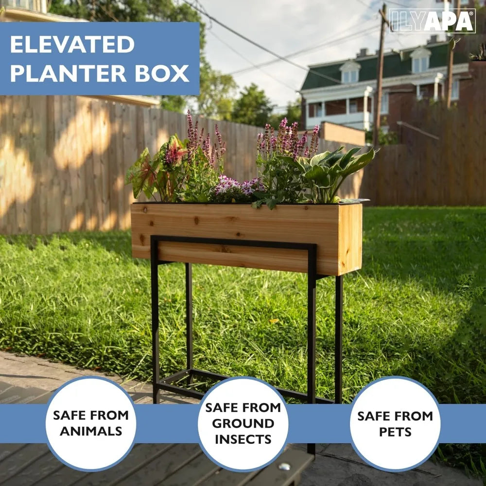 Ilyapa Raised Standing Planter with Legs Metal and Wood Elevated Planter Box 33 Inch by 29 Inch by 7 Inch Indoor Outdoor Perfect for Flower and Green Plants