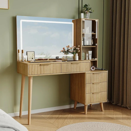 Fluted Vanity Desk 36 in LED Mirror and 47 in Makeup Table