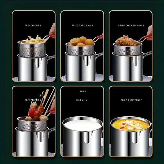 Stainless Steel Deep Fryer With Frying Basket Multifunctional Small Pot For Chicken And Other Kitchen Cooking Tools