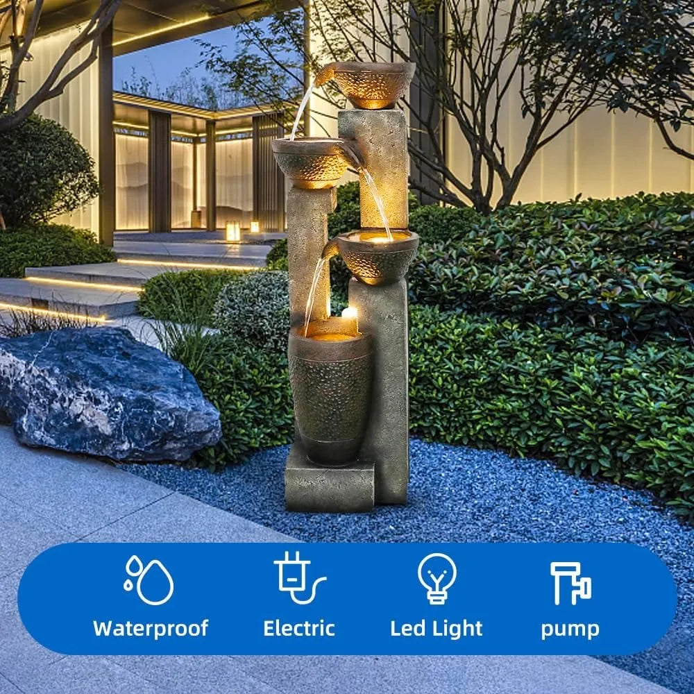40 Inch High 4 Tier Outdoor Garden Water Fountain Resin LED