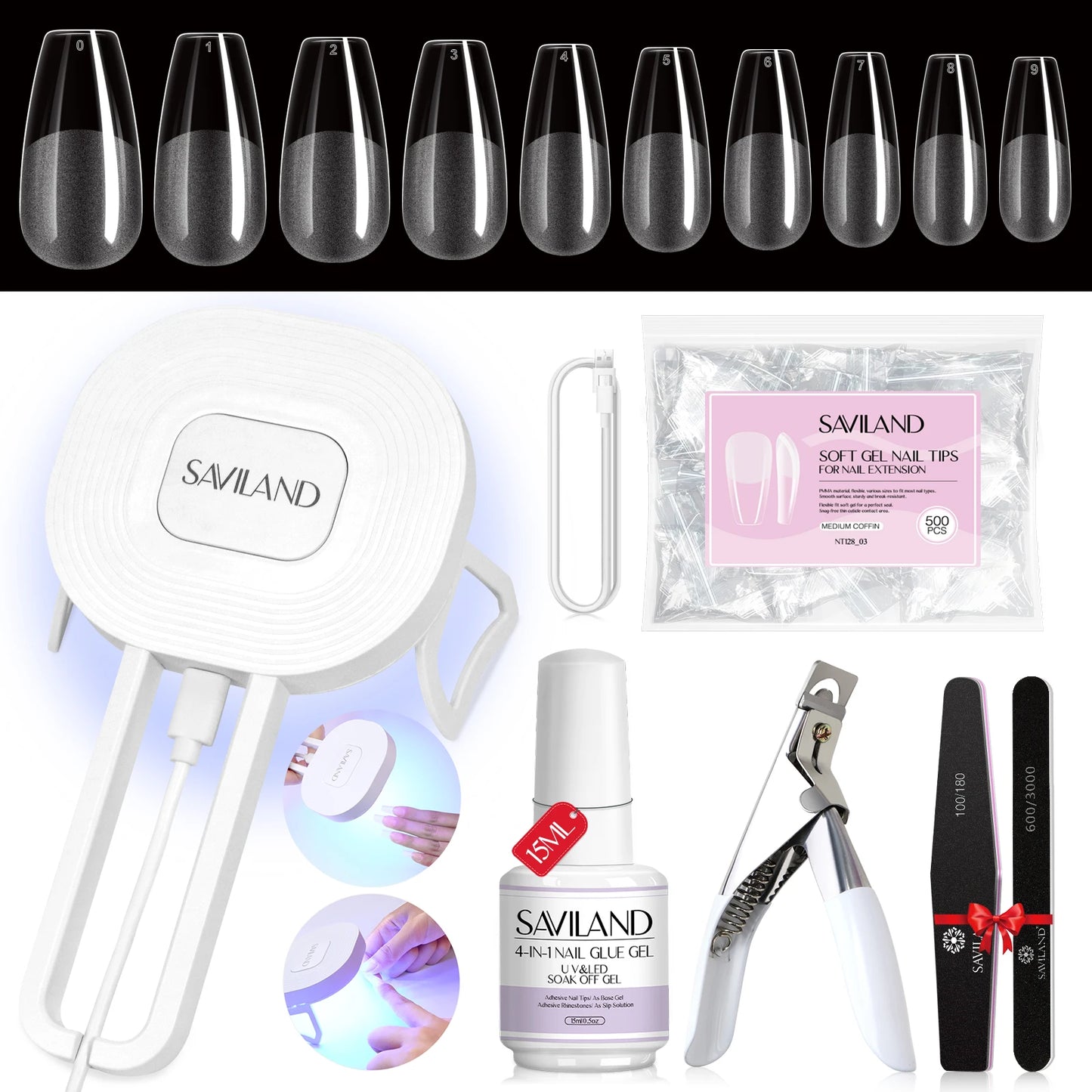 Saviland Gel X Nail Kit 500Pcs False Nail Tips 4 In 1 Gel