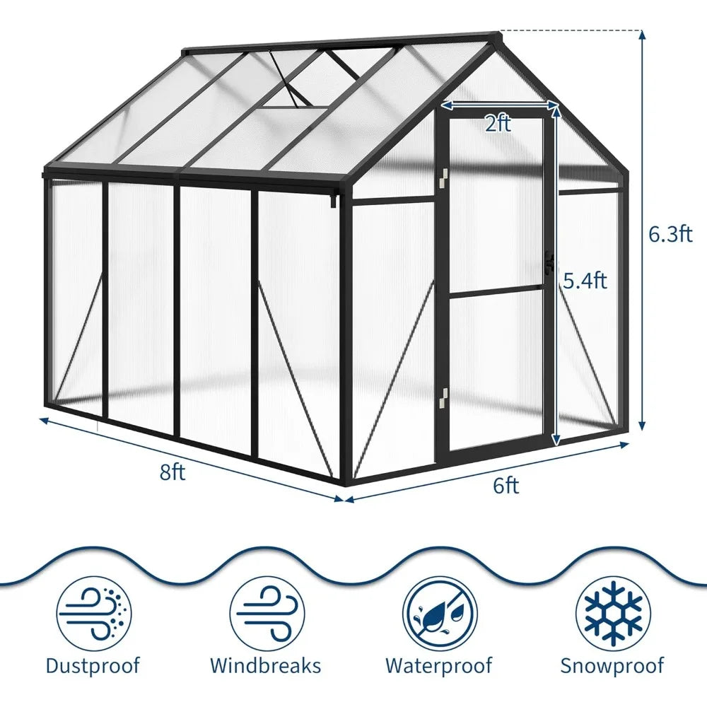 6x8Ft Greenhouse Aluminum Frame Lockable Door Polycarbonate