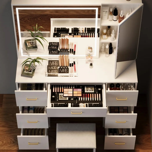Vanity Desk With Mirror And Lights 7 Drawer Glass Top